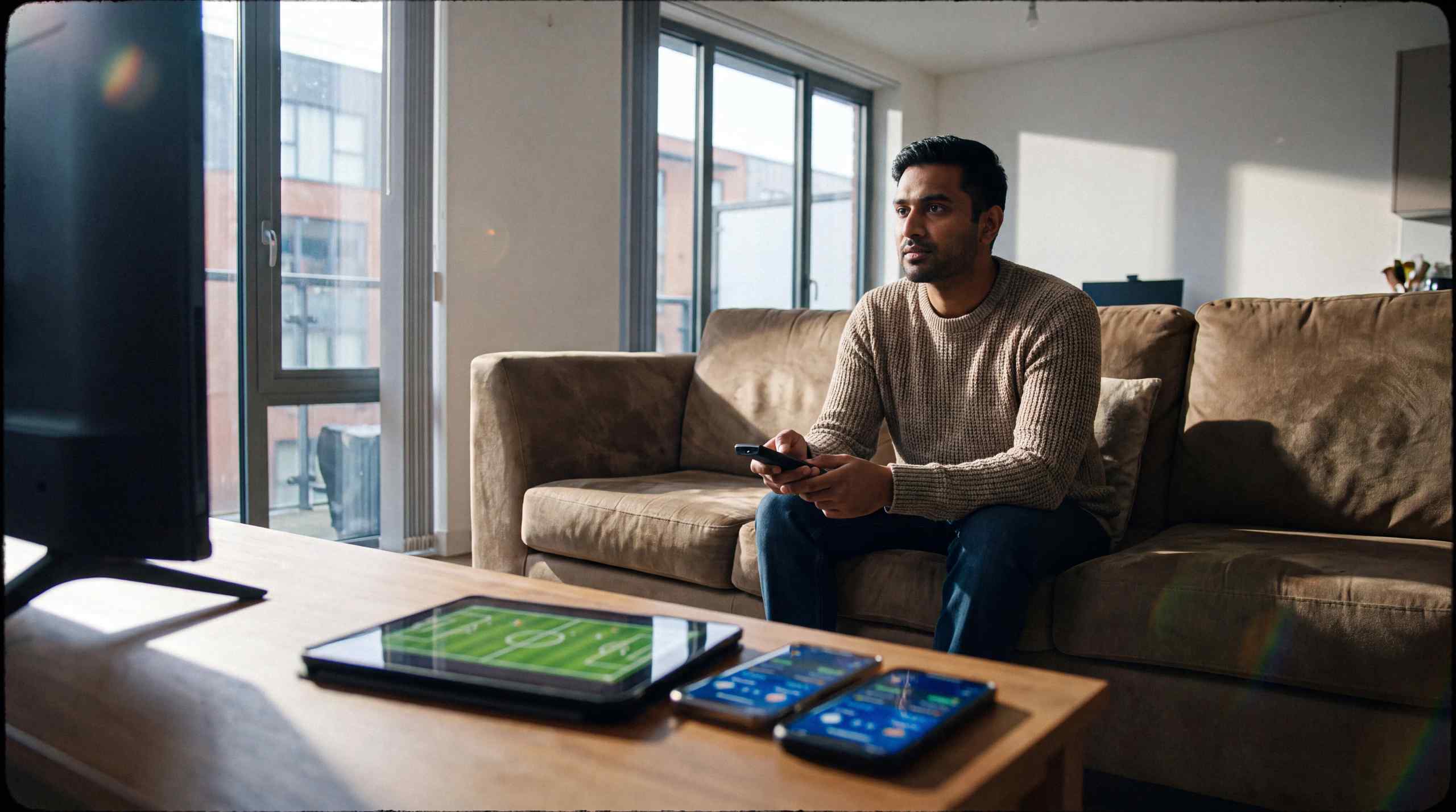 A man trying to watch sports from his coach with three different devices including tablet and two smartphones.